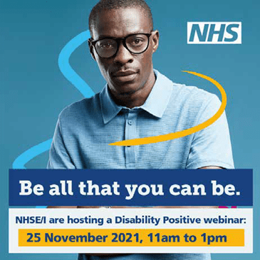 Social media graphic - man looking at camera accompanied by message saying "Be all that you can be." advertising a disability positive event.