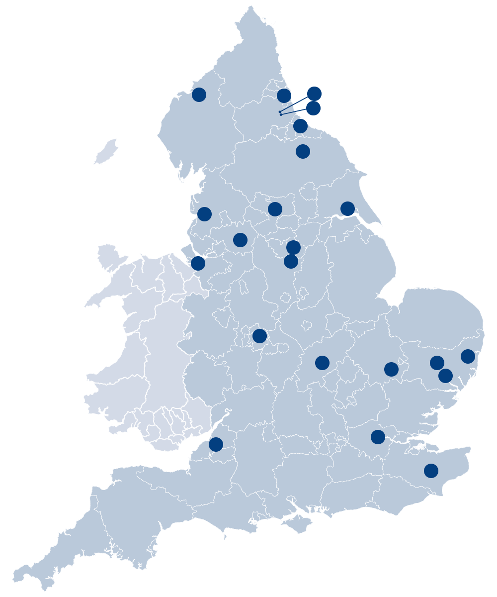 Map of England showing dots where NECS offices are located