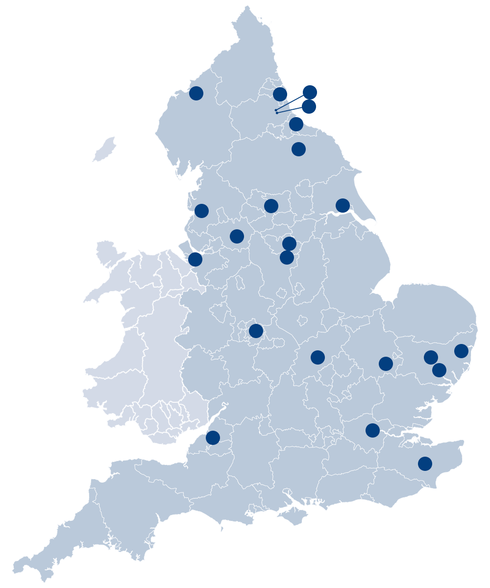 MicrosoftTeams-image Map of England showing dots where NECS offices are located