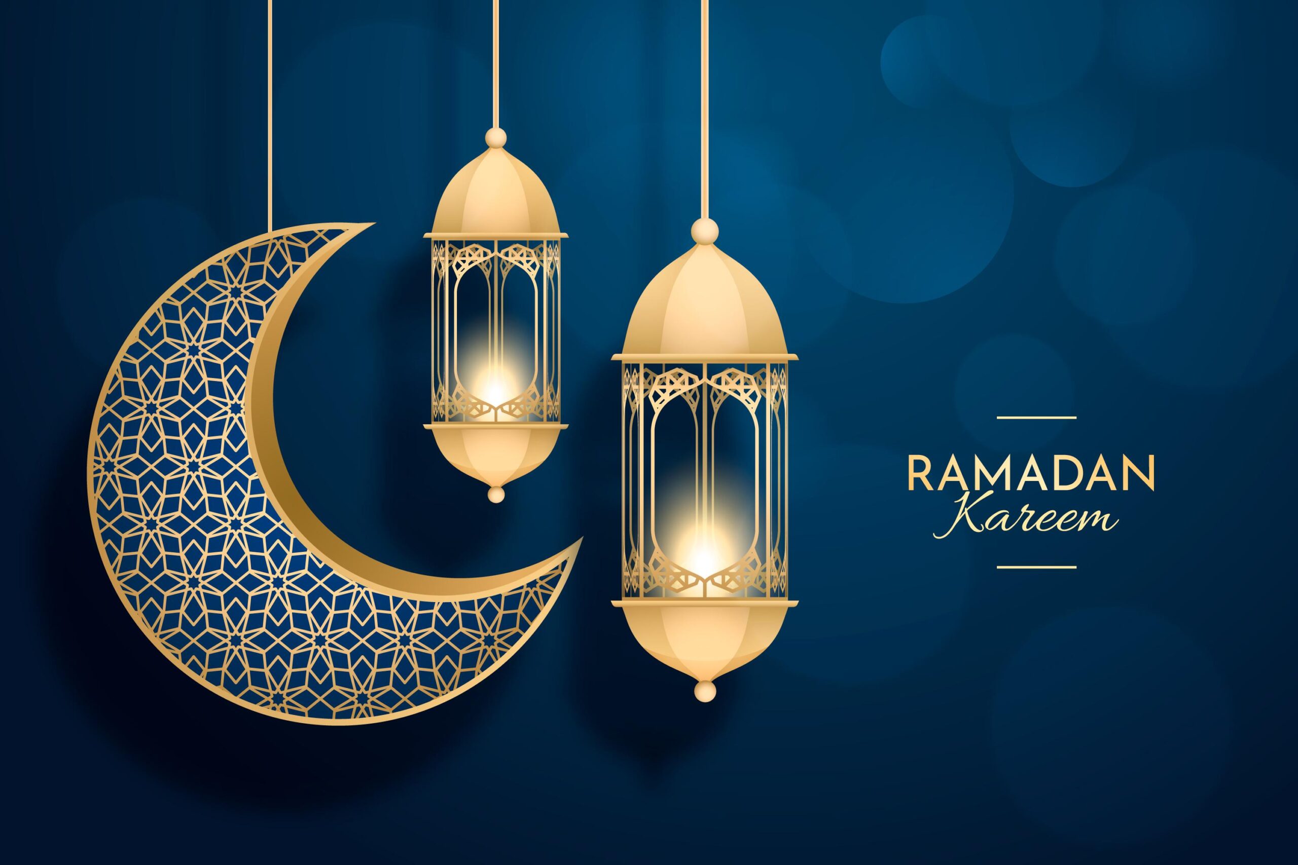 Hanging gold half moon with two hanging gold lanterns with the wording Ramadan Kareem