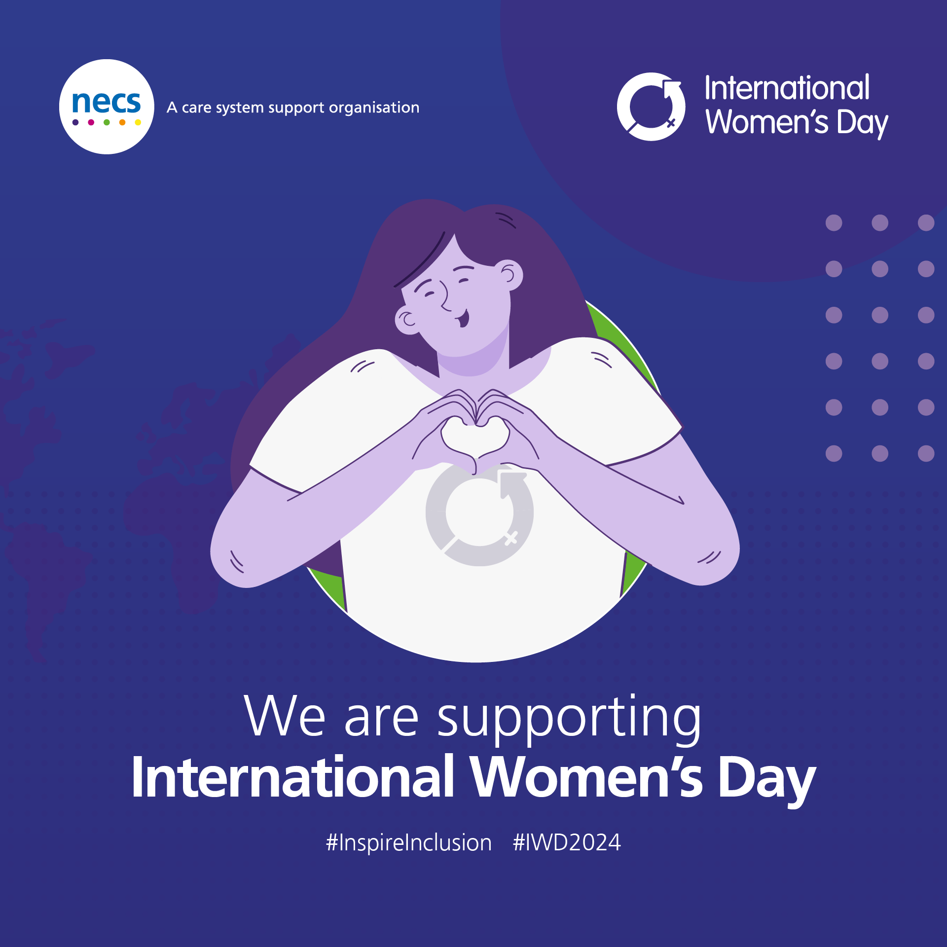 An illustration of a woman making a heart shape with her hands with the International Women's Day logo on her t-shirt