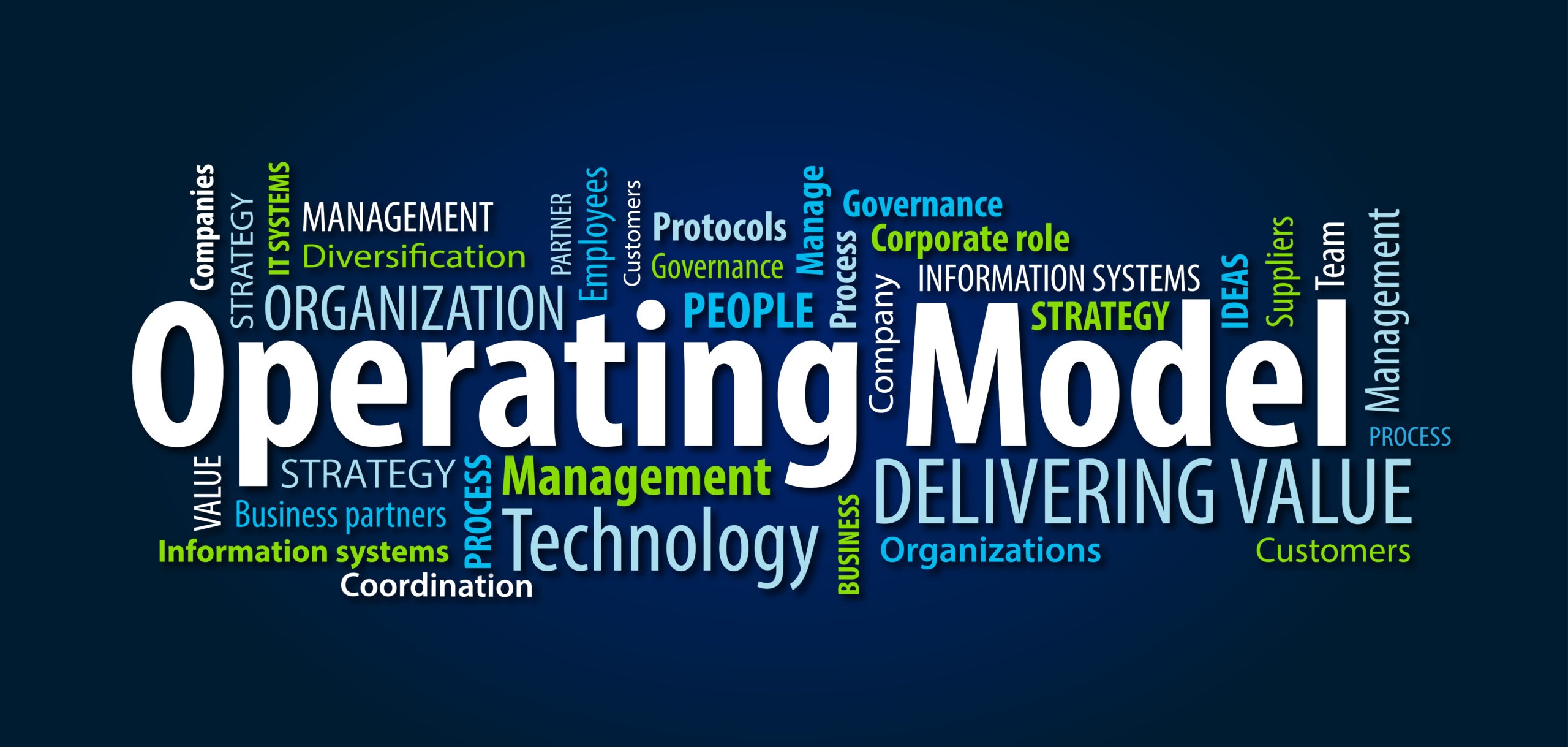 Operating model multi-coloured word cloud