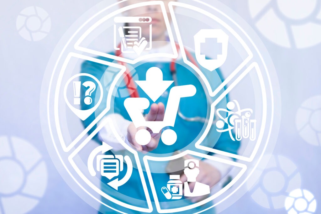 Young,Medical,Woman,Working,On,A,Virtual,Screen,Of,The Young female clinician behind digital screen of icons