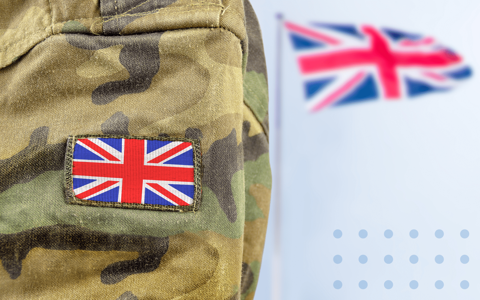 Armed forces person's camoflaged sleeve with a union jack patch on it with a union jack flag in the background