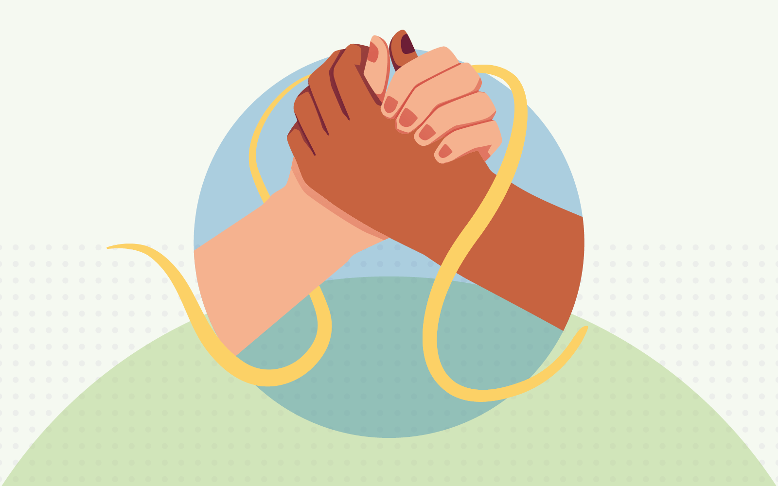 one arm clasping another with a yellow ribbon draped around them both