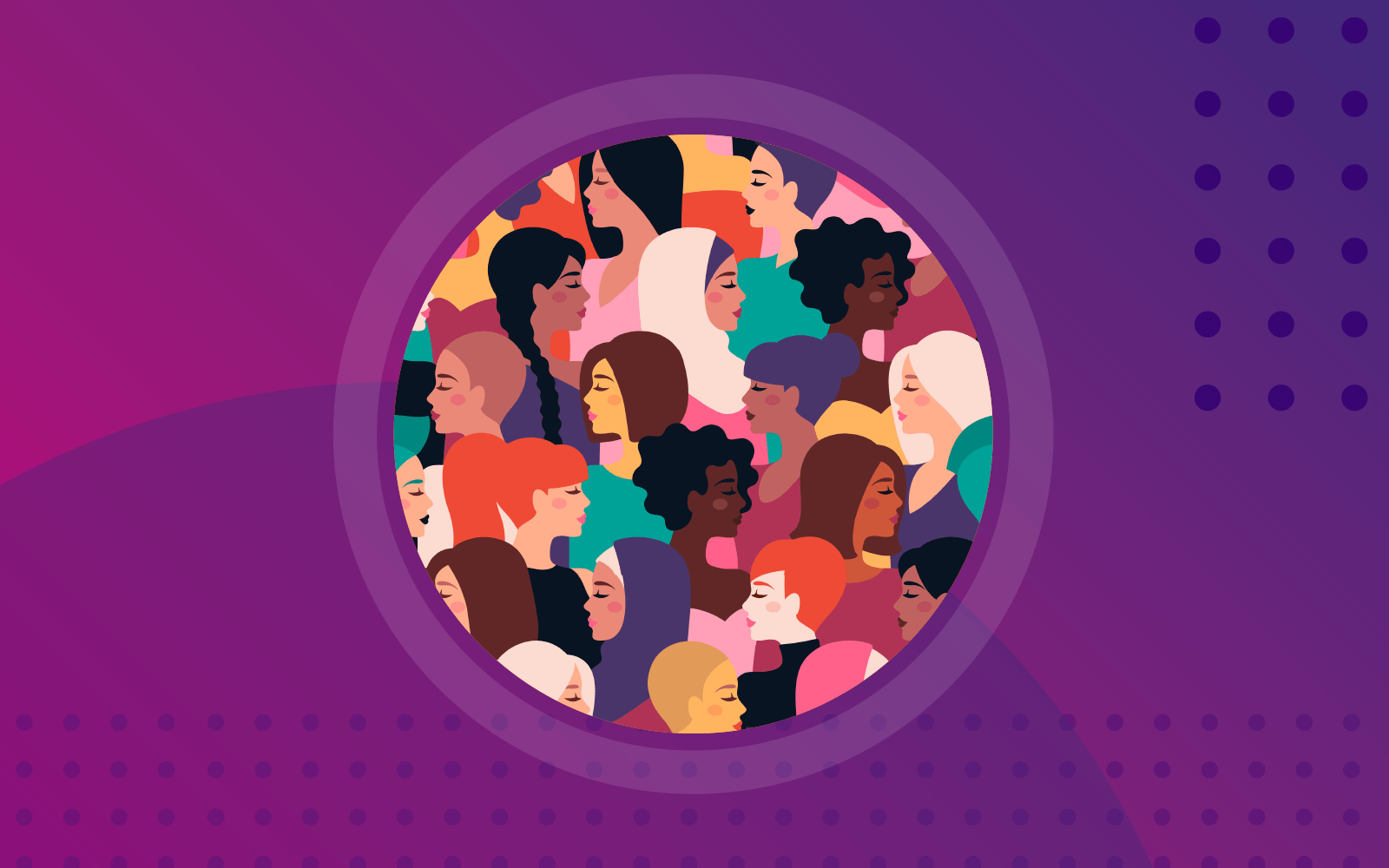 An animation of diverse women (heads only) in a circle located in the middle of a purple rectangle