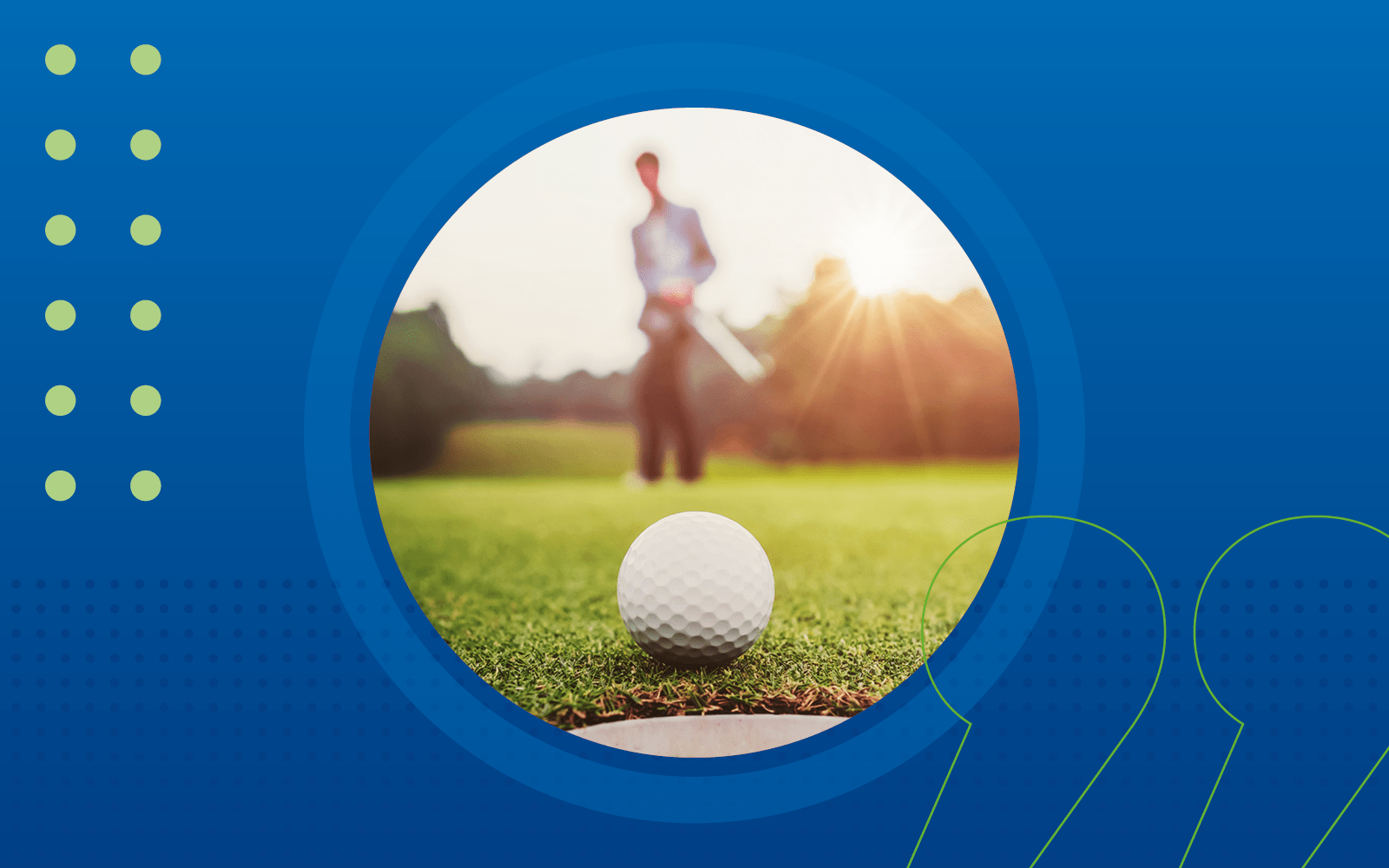 A picture of a golf ball sitting on grass with a golfer in the distance