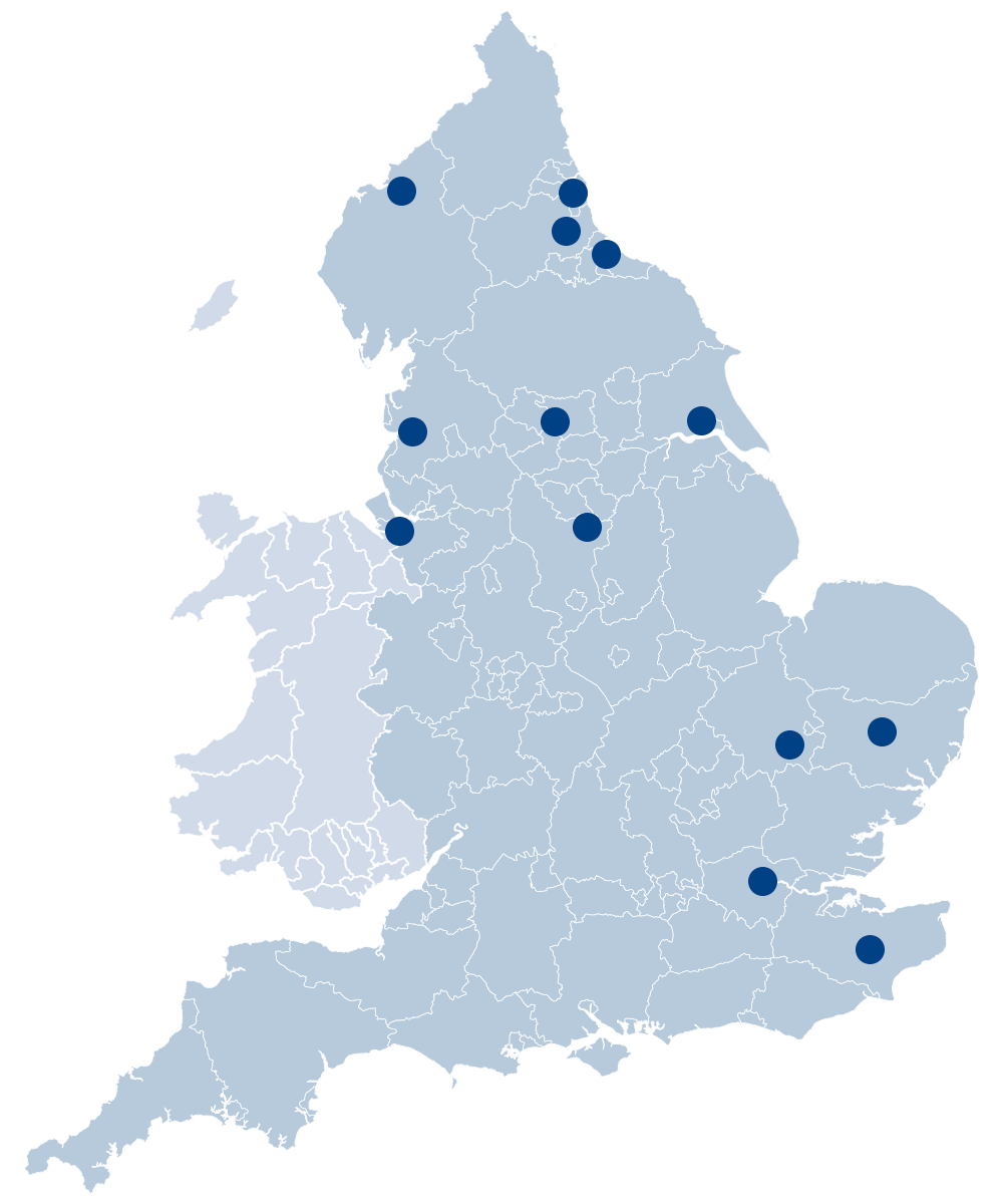 NECS-Office MapDotsV2 A map of United Kingdom displaying the locations of the offices of NECS