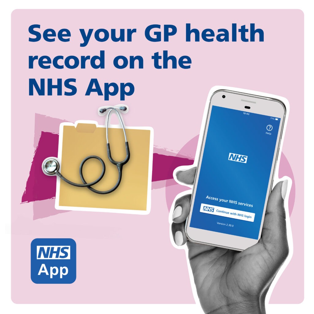 NHS App GP Records Access Instagram social media image Wording: See your GP health record on the NHS App. Photo of a mobile phone with the NHS App home page on it and stethoscope and a folder