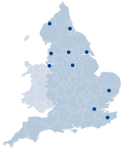 A map of United Kingdom displaying the locations of the offices of NECS