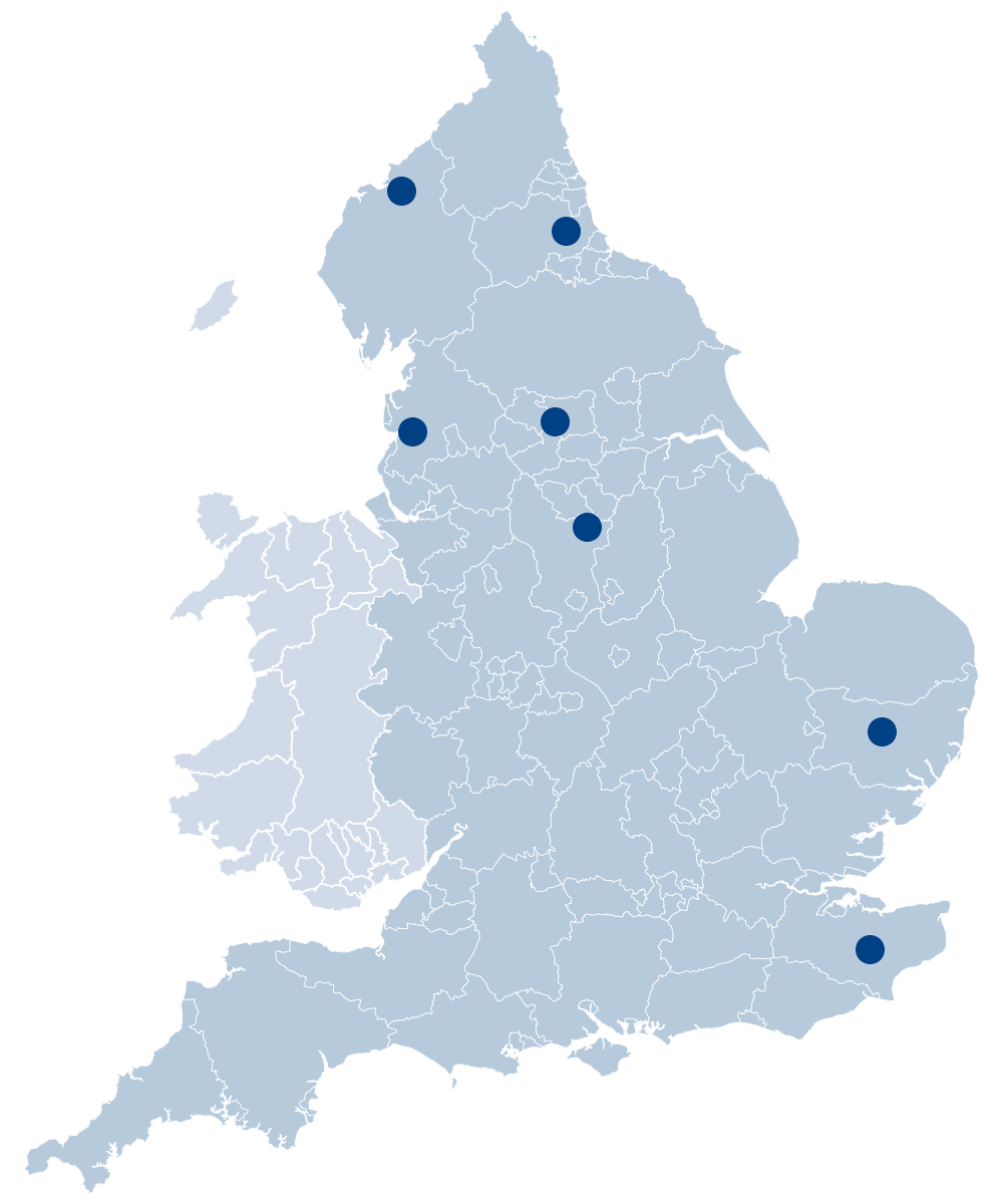 A map of United Kingdom displaying the locations of the offices of NECS